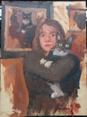 Tableau Peinture Portrait Huile Jeune Femme Au Chat Animalier Impressionniste  - Photo 1/4