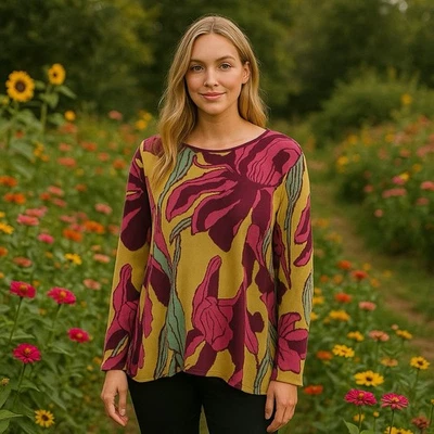 柔软环绕毛衣束腰花卉抽象艺术 Lagenlook 波西米亚 MP — 第 1/4 张图片