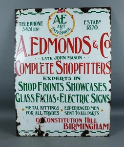 Vintage A. Edmonds Complete Shopfitters Birmingham Enamel Sign c1910     #5517 - Picture 1 of 18
