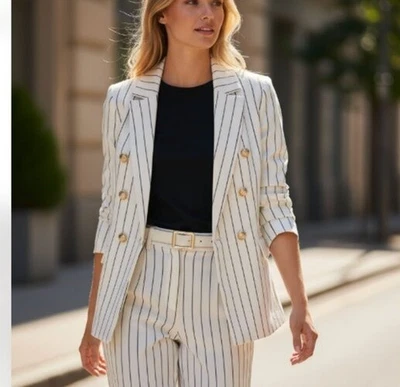 NWOT  AQUA Pinstripe One Button Blazer Linen Blend XS White Nautical Military - Image 1 of 4