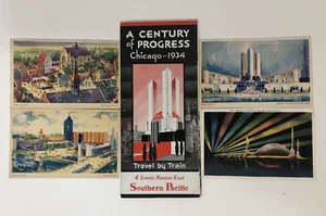 Chicago Worlds Fair Century of Progress 1933-34 - 4 Post Cards + Train Schedule - Picture 1 of 13