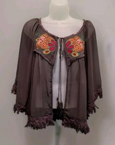 Sheer Floral Embroidered Tassel Tie Fringe Cardigan Top Charming Charlie's Sz S  - Picture 1 of 8