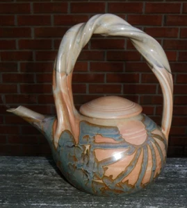 10" Handcrafted Pottery Teapot-Art Deco Sun Design-Teal Peach-Susan Balentine - Picture 1 of 11