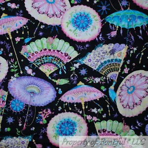 BonEful FABRIC FQ Cotton Quilt B&W Rainbow Pink Flower Umbrella Fan Chinese Girl - Picture 1 of 14