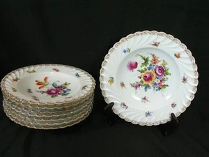 8 Carl Thieme Dresden Scalloped Swirl Hand Painted Flowers Gold Rim Soup Bowls - Picture 1 of 15