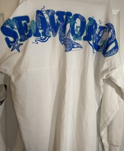 SEA WORLD Spirit Jersey Shirt White Blue Sparkle Starfish Letters Large NWT - Picture 1 of 15
