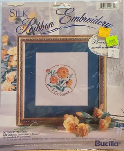 Bucilla Flowers of the Month Embroidery Kit 1994 OCTOBER MARIGOLD Silk Ribbon - Picture 1 of 4