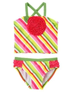NWT Gymboree Stripe Ruffle Flower Tankini 2-Piece Swimsuit Swimwear Girl 10 12 - Picture 1 of 2