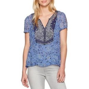 Lucky Brand Printed Sheer Back Top Navy Multi M (HH) - Picture 1 of 2