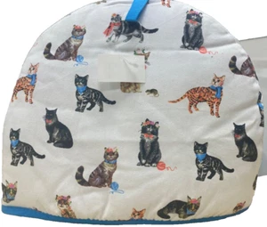 Tea cosy cotton Insualted for tea pots Blue cats print with hangingloop35 x 27cm - Picture 1 of 4