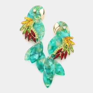 NEW Green Celluloid Parrot w/ Rhinestone Wings & Gold Accents Dangle Earrings - Picture 1 of 1