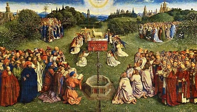 ADORATION OF THE MYSTIC LAMB 145CM X 82CM BELGIAN TAPESTRY LINED WALL HANGING - Image 1 of 4