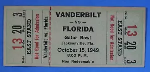 1949 Vanderbilt vs Universidad de Florida Gator Bowl soporte este boleto completo UF - Imagen 1 de 2