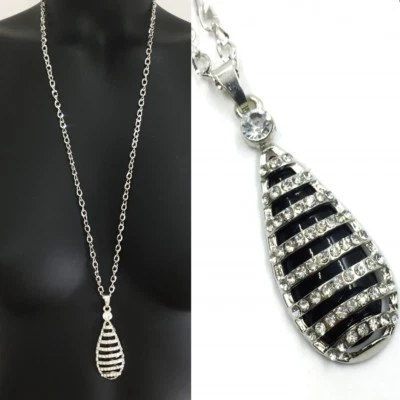 Set XXL Lang Kette + Anhänger Tropfen Kette Halskette Strass Silber Schwarz 173 - Bild 1 von 4