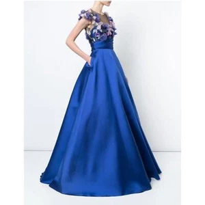 Marchesa Illusion Ball Gown Royal Blue Purple Floral Applique Mesh Top Sz 4 - Picture 1 of 10