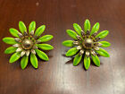 Vintage Signed Sarah Coventry Enamel Metal Flower Lime Green Goldtone Earrings