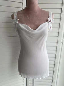 GHOST VINTAGE WHITE BIAS CUT EMBROIDERED BOW STRAP CAMI TOP - L 14 - PRISTINE - Picture 1 of 13