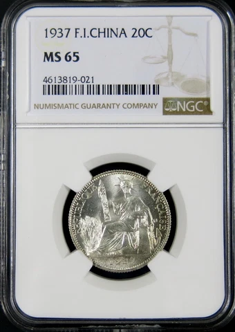 French Indochina 1937 20 Cents Silver coin. NGC MS 65. Brilliant coin Cover