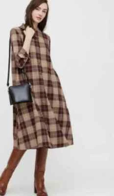 Uniqlo Check Plaid Flannel Modest Relaxed Midi A Line Dress Beige Burgundy XS - Image 1 of 4