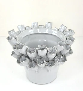 Art vase pot 3-D sculptural flower Blossoms Handmade clay gray 5"x 7" Spring - Picture 1 of 13