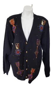 Vintage 80 90s Lindsey Blake Cardigan Pullover - Schwarz, Mehrfarbig Pailletten, L - Bild 1 von 20