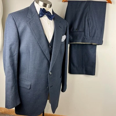 VTG Cricketeer 42L gray blue striped wool blend 3pc suit flat front pant 37 x 32 - Image 1 of 4