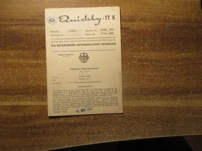 NSU Quickly TTK  Moped Betriebserlaubnis Bj,61 - Bild 1 von 4