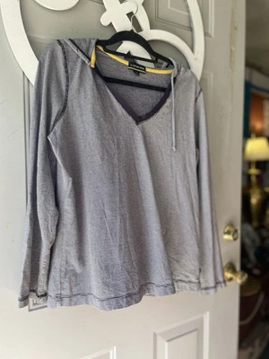 Lands' End Striped Hoodie Shirt Womens Size Large Long Sleeve Stretch Top V Neck - Image 1 of 4