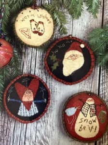 FESTIVE ROUND WOOLIES 5" Ornaments Pattern by Reets Rags to Stitches FREE SHIP - Picture 1 of 3