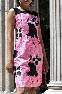 MOD Vintage Floral Pop Art Print Vintage Cotton Shift Sun Dress Pink Neon 60s - Picture 1 of 5
