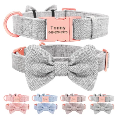 Cute Tweed Bowtie Personalized Dog Collar Custom Rose Gold Metal Buckle Engraved - Image 1 of 4
