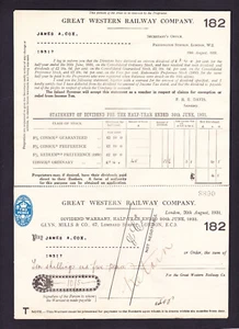 Great Western Railway Company Railway Share Dividend Receipt Certificate 1900's - Picture 1 of 2
