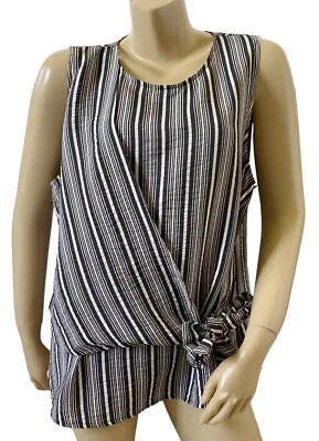 VINCE CAMUTO Womens Size XL Sleeveless Beige Black Striped Wrap Tunic Shirt Top - Image 1 of 4