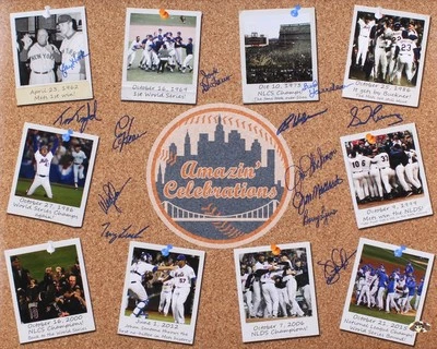 NY METS AMAZIN CELEBRACIÓN FIRMADO 16x20 HARRELSON BACKMAN LYONS LIXIVIACIÓN MATE NEGRO +8 Foto 1 de 2