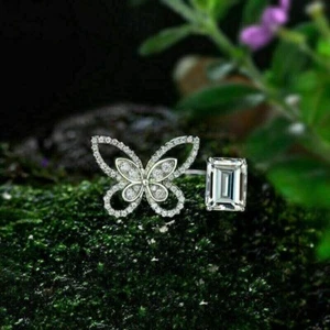 14K White Gold Plated Simulated Diamond Bypass Engagement Wedding Butterfly Ring - Picture 1 of 2