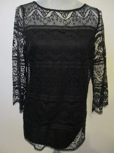 Max Studio Black Lace Overlay Black Lining 3/4 Sleeve Top Size M - Picture 1 of 9