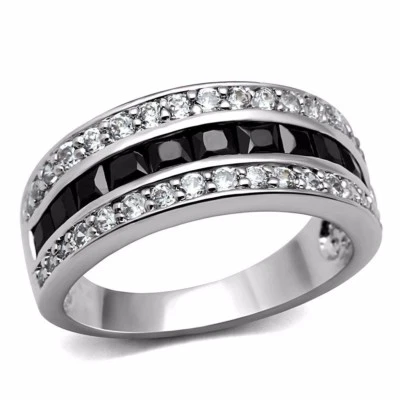 Womens 3 Rows of Clear and Black Princess CZ Solid Stainless Steel Eternity Band Foto 1 de 4