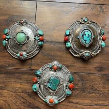 Group Of Old Antique Tibetan Nomad Women Coral & Turquoise Bead Head Ornaments