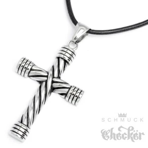Hochwertiger Kreuz Anhänger massiv Edelstahl silber Herren Kette Lederband Biker - Bild 1 von 3