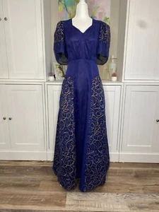 1980s Handmade Prom Dress Large Blue Gold Stars Lined Poofy Sleeves Sweetheart - Picture 1 of 18