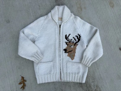 Cowichan Sweater 70s Vintage Deer Stag Wht Heavy Hand Knit Cardigan S/M NOT WOOL - Image 1 of 4
