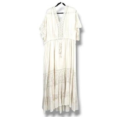Aveology Boho Maxi Dress Cream Lace Embroidered Tassel Tie Waist Boho Chic - Image 1 of 4