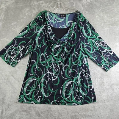 Maggie Barnes Top Womens Green Black Geometric Boat Neck 3/4 Sleeve Blouse - Image 1 of 4