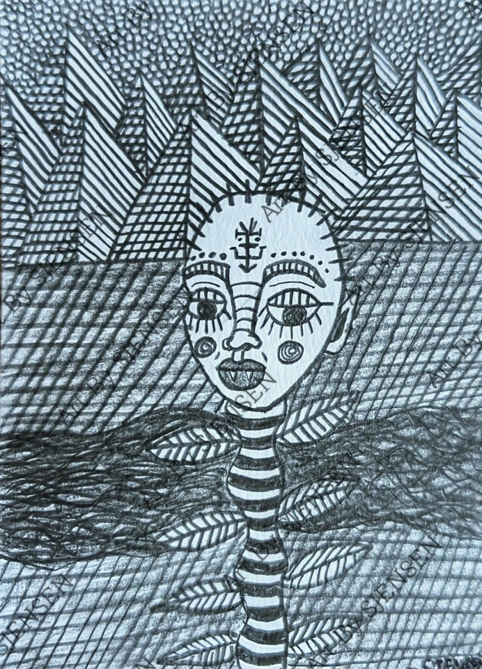 Original Gothic ACEO ATC Graphite Pencil Drawing Naive Art Weird Naive OOAK  - Image 1 of 1
