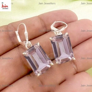 Pendientes colgantes de morganita de corte esmeralda de oro blanco sólido rea... - Imagen 1 de 4