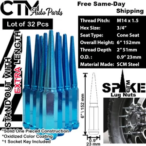 32Pc 6" TALL BLUE M14x1.5 XL SPIKE LUG NUT+KEY FIT CHEVY SILVERADO 8-LUG TRUCK - Picture 1 of 2