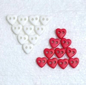 10 Mini Heart Buttons 8mm Red or White 2 Hole Novelty Baby Doll Sewing Art Craft - Picture 1 of 14