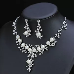 Silver Women Pearl Inlay Rhinestone Crystal Wedding Party Necklace Jewelry Sets - Picture 1 of 5