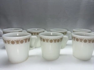 SET OF 7 VINTAGE WHITE PYREX COFFEE MUGS GOLD BUTTERFLY FLORAL DESIGN - Picture 1 of 3