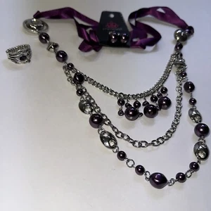 Schmuck Set Paparazzi Halskette mit lila Band, Ohrringe, Ring, silber lila - Bild 1 von 15